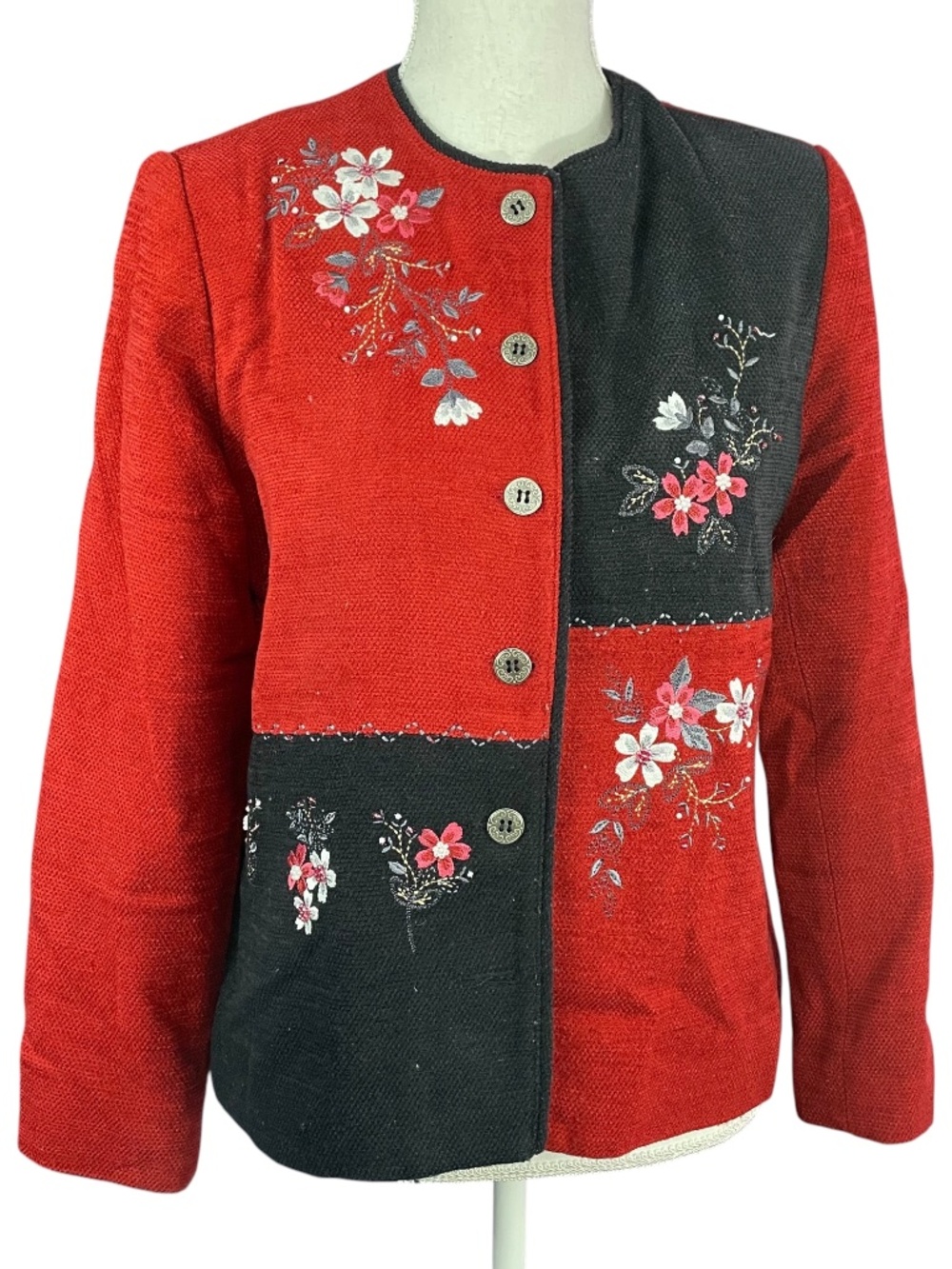 Floral Embroidered Beaded Jacket 8P Velvet Flocked Patchwork Colorblock Red VTG